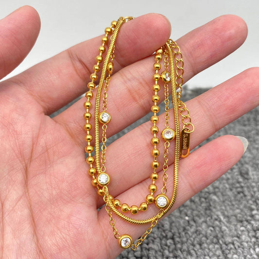 Inlaid CZ 3-layer 18K Gold-plated Steel Chain Bracelet