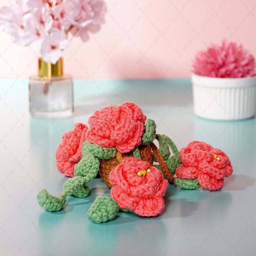 Crochet Peony Flower Plant Basket Car Mirror Hanging Pendant