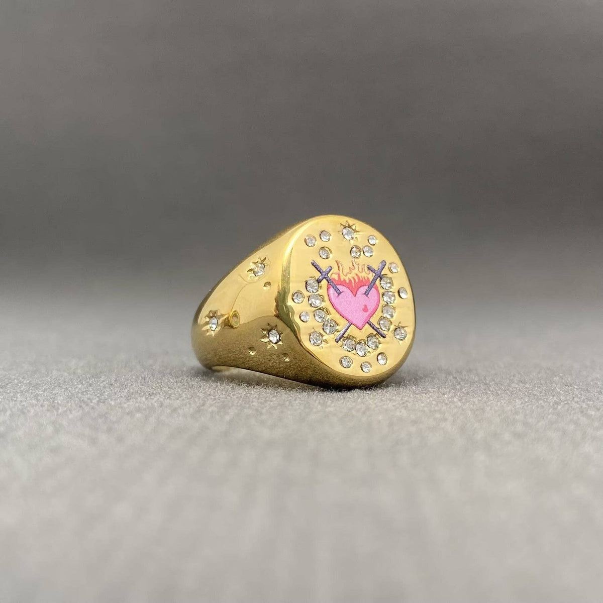 Whimsical Zircon Inlaid Enamel Ring - 18K Gold Plated Stainless Steel