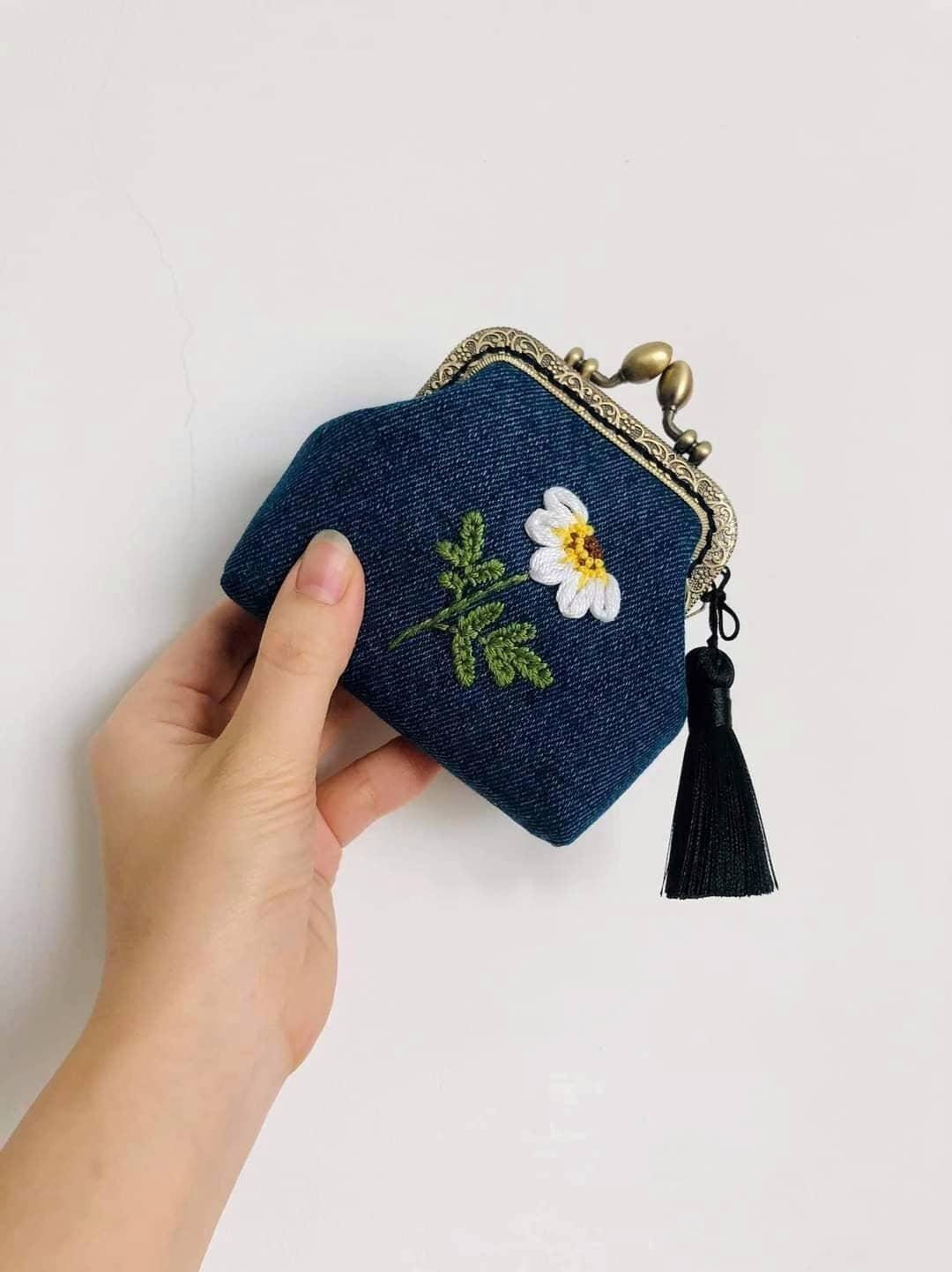 Daisy Embroidered Denim Coin Purse